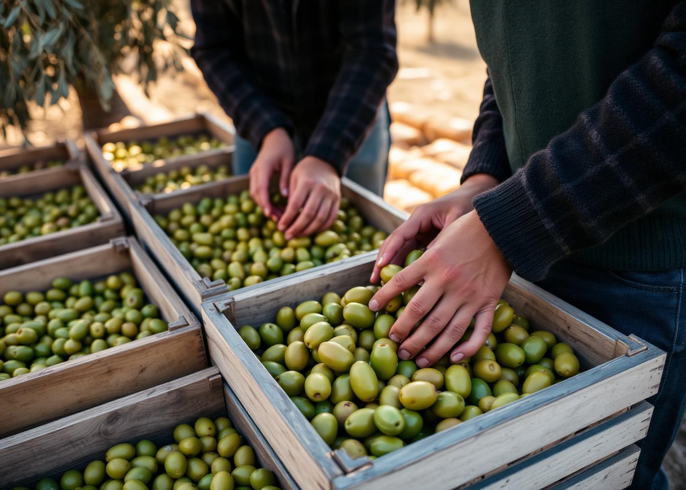 Turkish olive harvest — hands sorting fresh olives into wooden crates