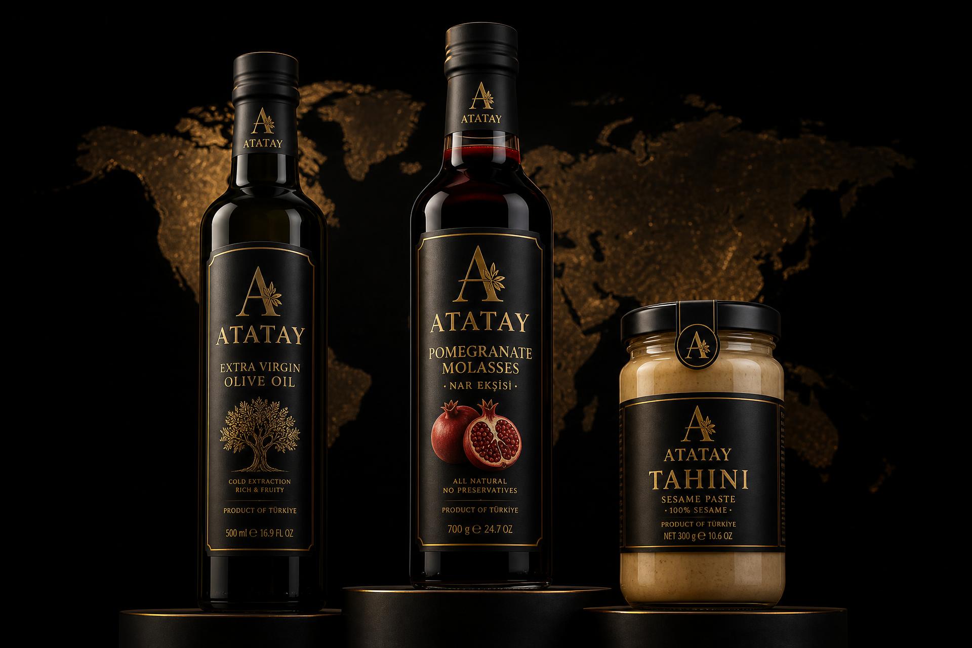 Atatay flagship trio — Turkish extra virgin olive oil, pomegranate molasses and tahini in premium black and gold packaging